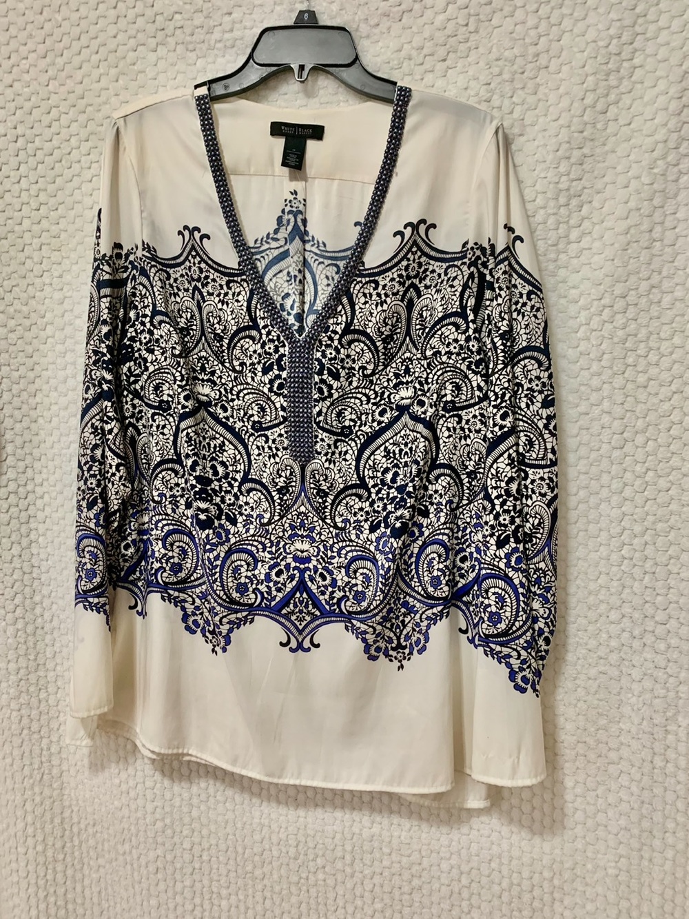 White & Navy Printed V-Neck Long Sleeve Top with beaded